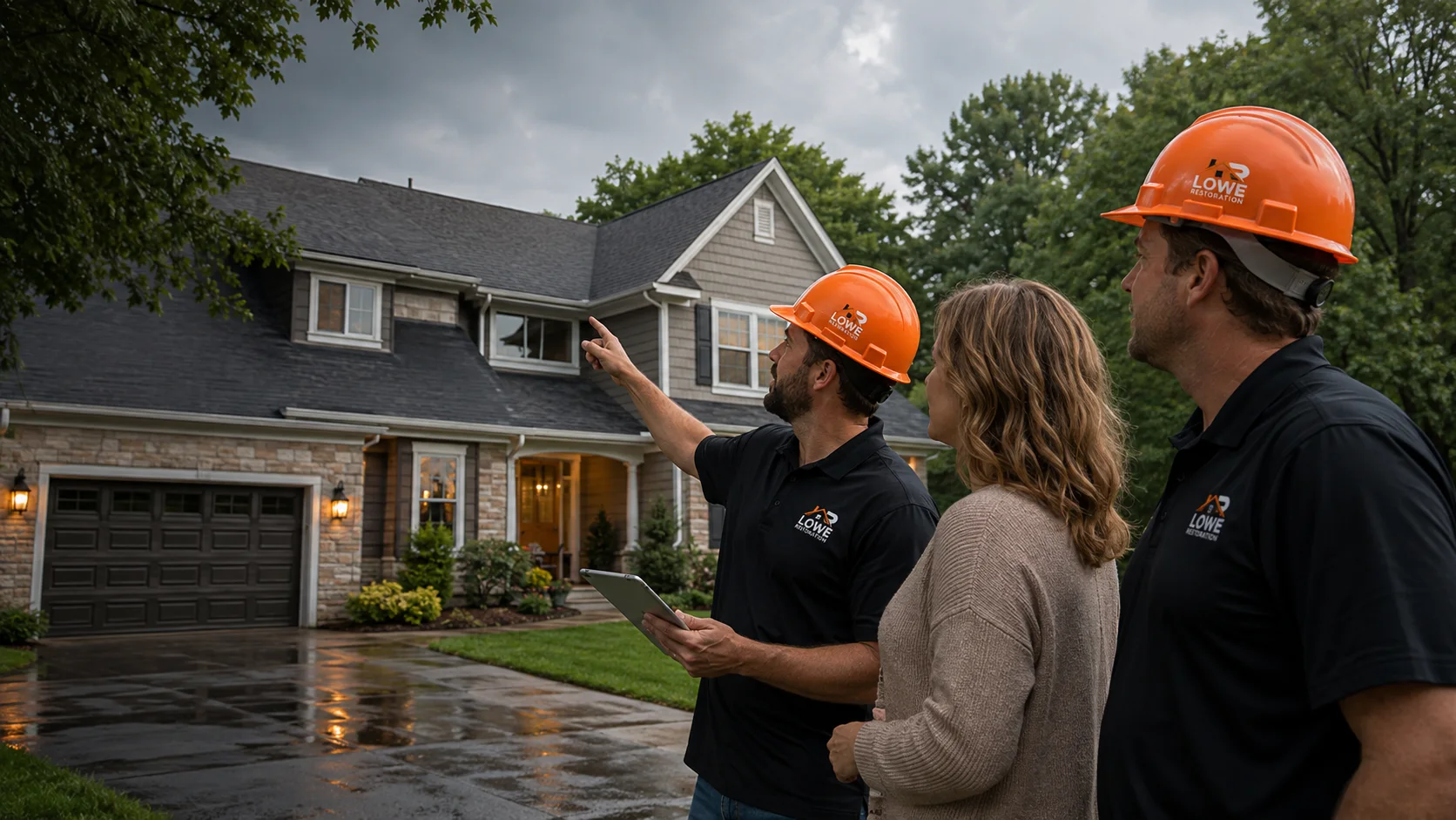 Lowe Restoration team reviewing a Central Indiana home